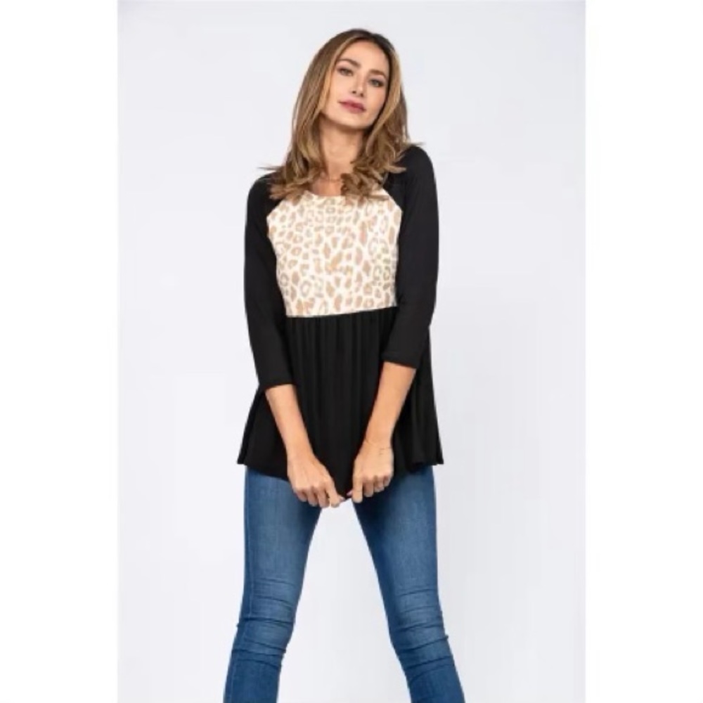 Noir Black Taupe Animal Print Babydoll Style Knit Top